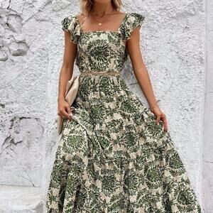 Women's Green Casual Allover Print Ruffle Trim Top & Skirt S Bohemian Festival